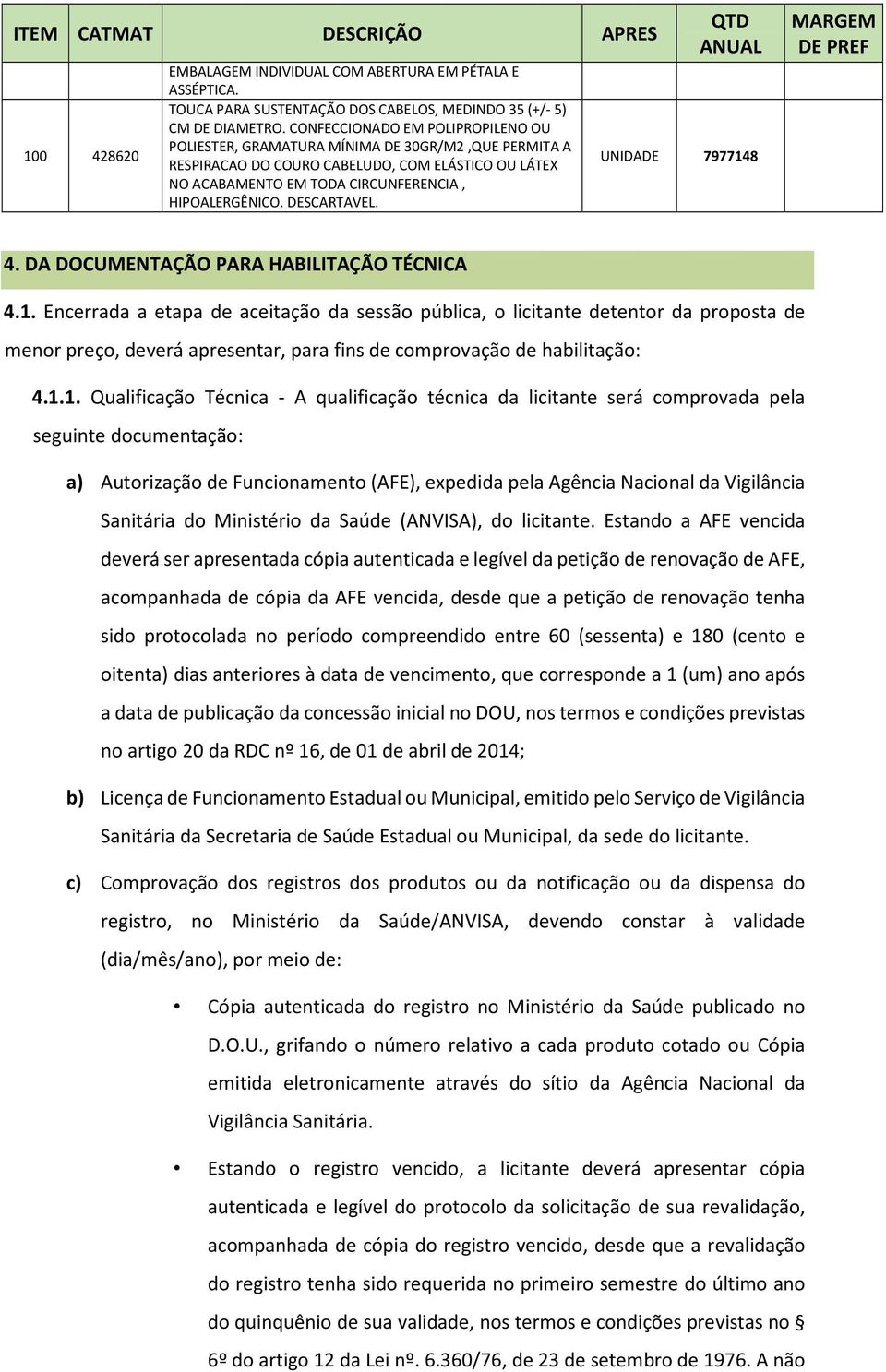 DESCARTAVEL. QTD ANUAL UNIDADE 7977148 MARGEM DE PREF 4. DA DOCUMENTAÇÃO PARA HABILITAÇÃO TÉCNICA 4.1. Encerrada a etapa de aceitação da sessão pública, o licitante detentor da proposta de menor preço, deverá apresentar, para fins de comprovação de habilitação: 4.