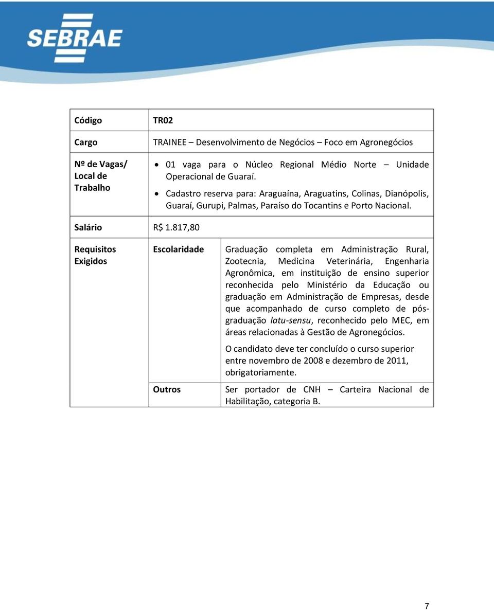 817,80 Requisitos Exigidos Escolaridade Outros Graduação completa em Administração Rural, Zootecnia, Medicina Veterinária, Engenharia Agronômica, em instituição de ensino superior reconhecida pelo