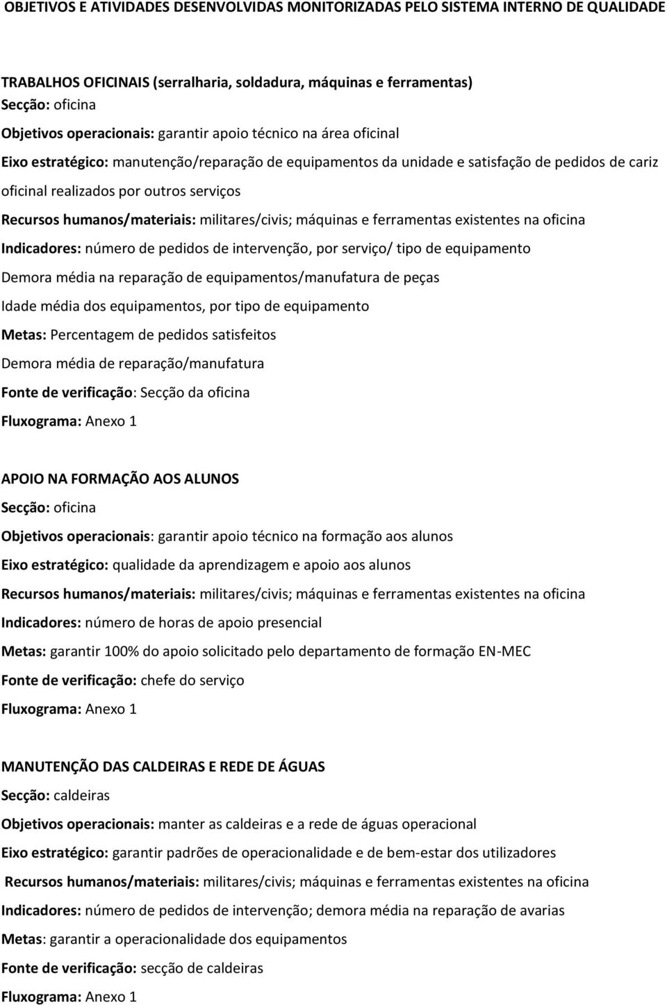 humanos/materiais: militares/civis; máquinas e ferramentas existentes na oficina Indicadores: número de pedidos de intervenção, por serviço/ tipo de equipamento Demora média na reparação de