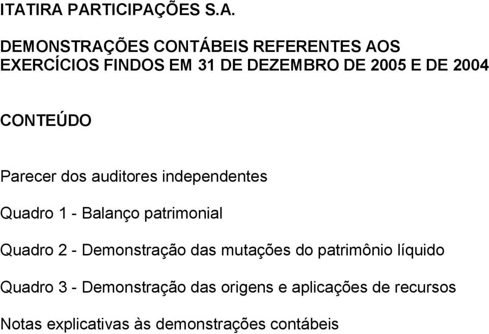 Balanço patrimonial Quadro 2 - Demonstração das mutações do patrimônio líquido Quadro 3 -