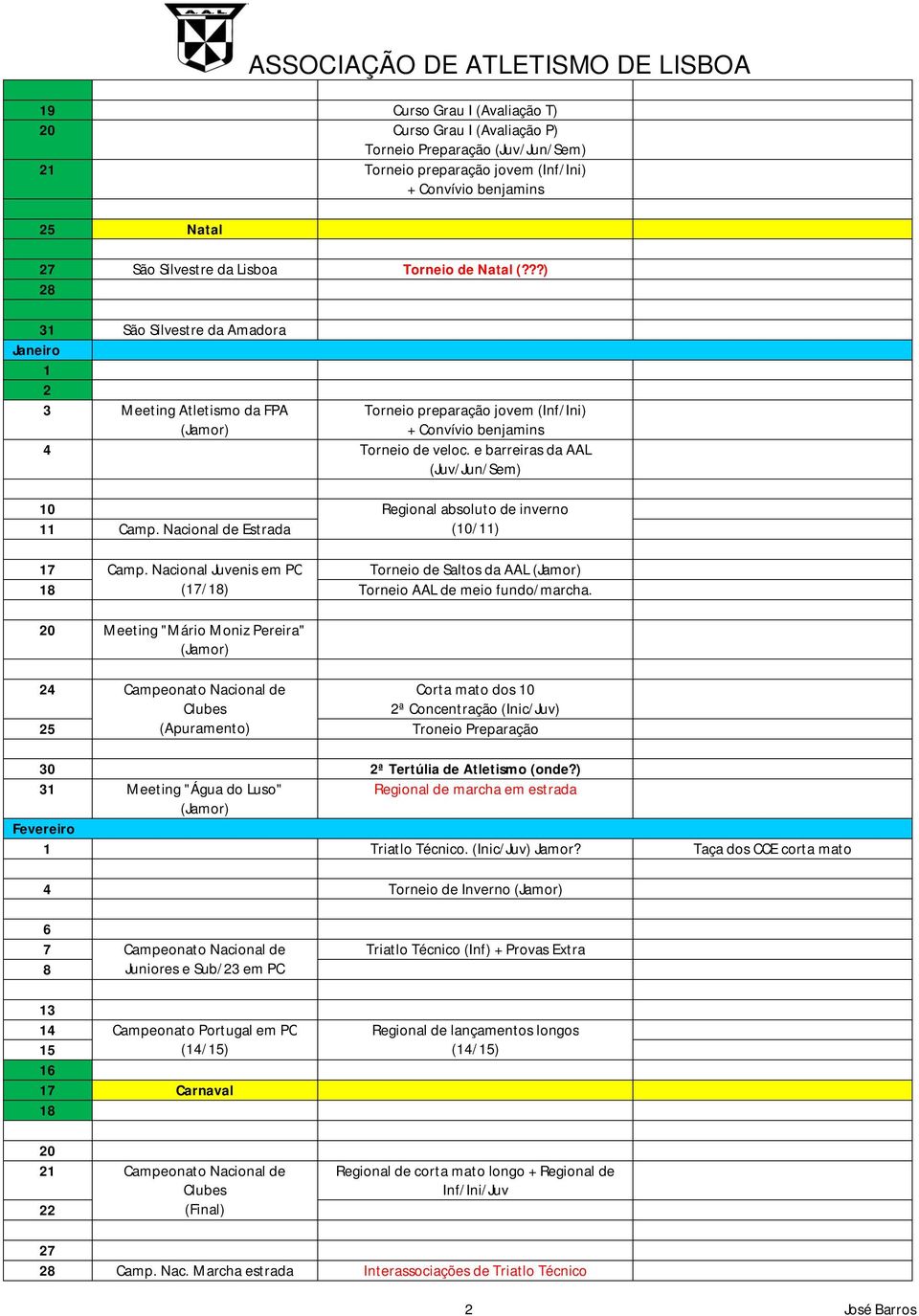 e barreiras da AAL (Juv/Jun/Sem) Regional absoluto de inverno 11 Camp. Nacional de Estrada (/11) Camp. Nacional Juvenis em PC Torneio de Saltos da AAL 1 (/1) Torneio AAL de meio fundo/marcha.