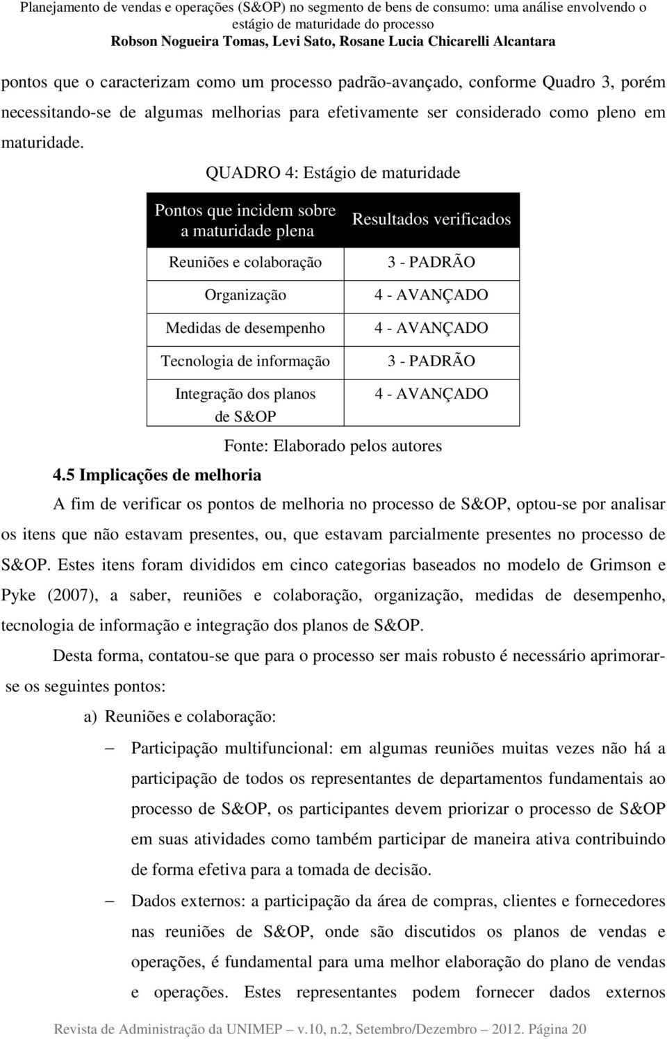 AVANÇADO 4 - AVANÇADO 3 - PADRÃO Integração dos planos de S&OP 4.