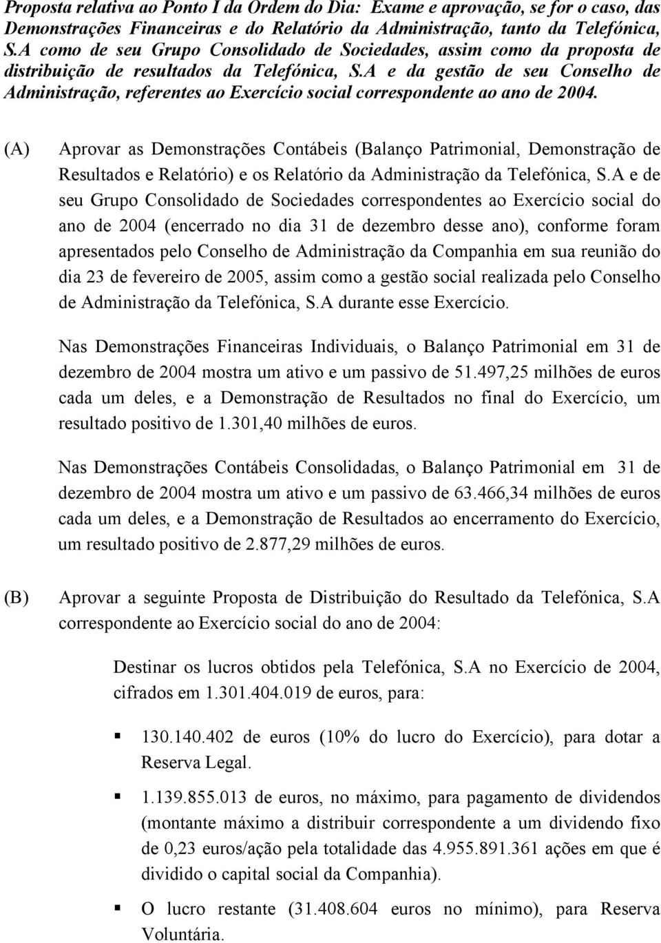 A e da gestão de seu Conselho de Administração, referentes ao Exercício social correspondente ao ano de 2004.