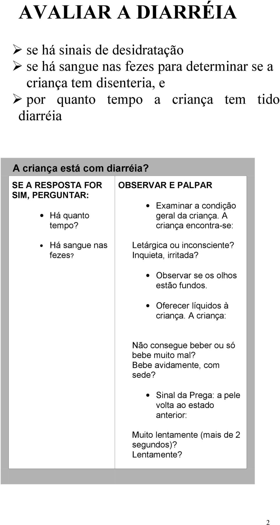 OBSERVAR E PALPAR Examinar a condição geral da criança. A criança encontra-se: Letárgica ou inconsciente? Inquieta, irritada?