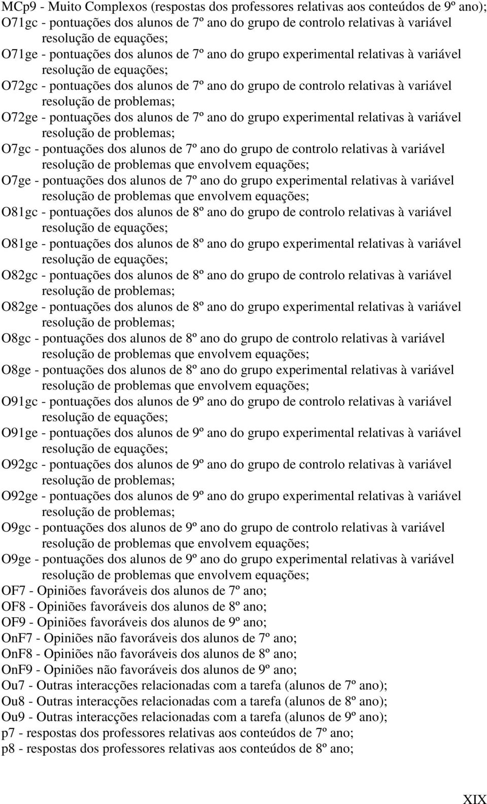 problemas; O72ge - pontuações dos alunos de 7º ano do grupo experimental relativas à variável resolução de problemas; O7gc - pontuações dos alunos de 7º ano do grupo de controlo relativas à variável