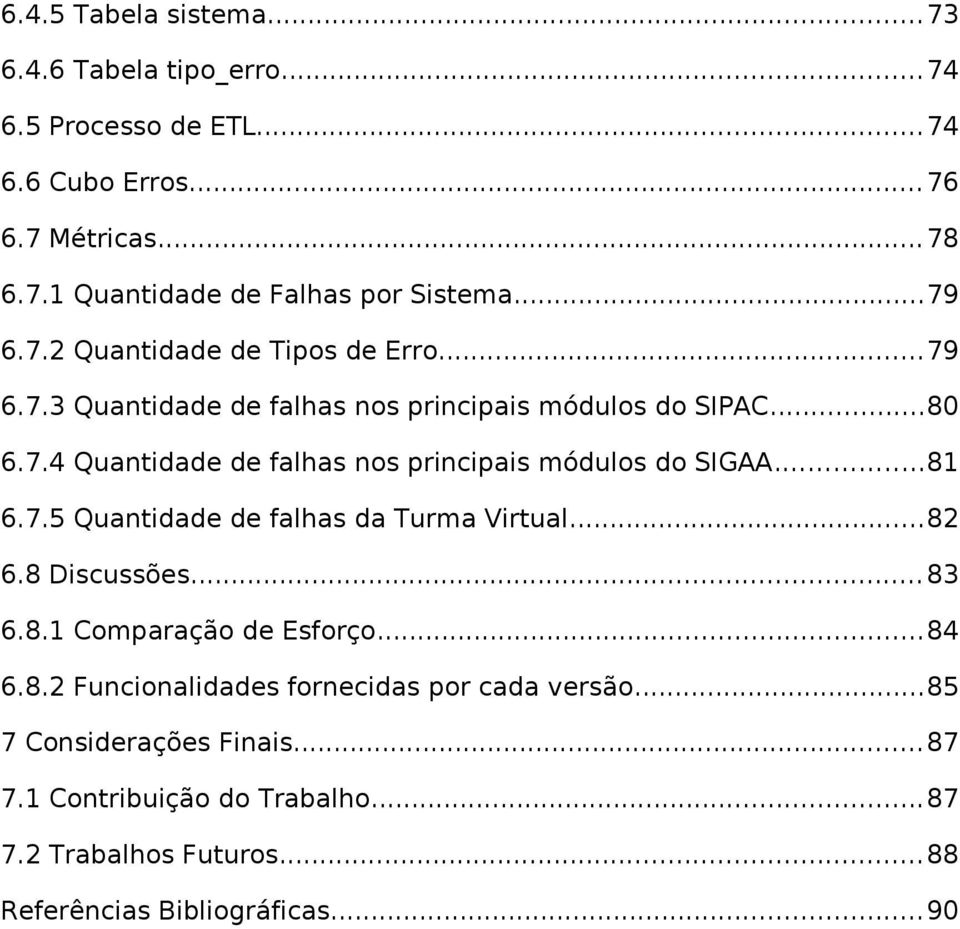 ..81 6.7.5 Quantidade de falhas da Turma Virtual...82 6.8 Discussões... 83 6.8.1 Comparação de Esforço...84 6.8.2 Funcionalidades fornecidas por cada versão.