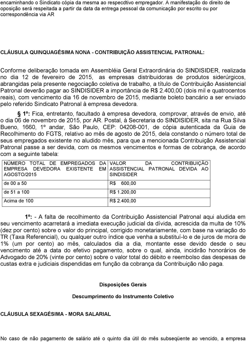 ASSISTENCIAL PATRONAL: Conforme deliberação tomada em Assembléia Geral Extraordinária do SINDISIDER, realizada no dia 12 de fevereiro de 2015, as empresas distribuidoras de produtos siderúrgicos,