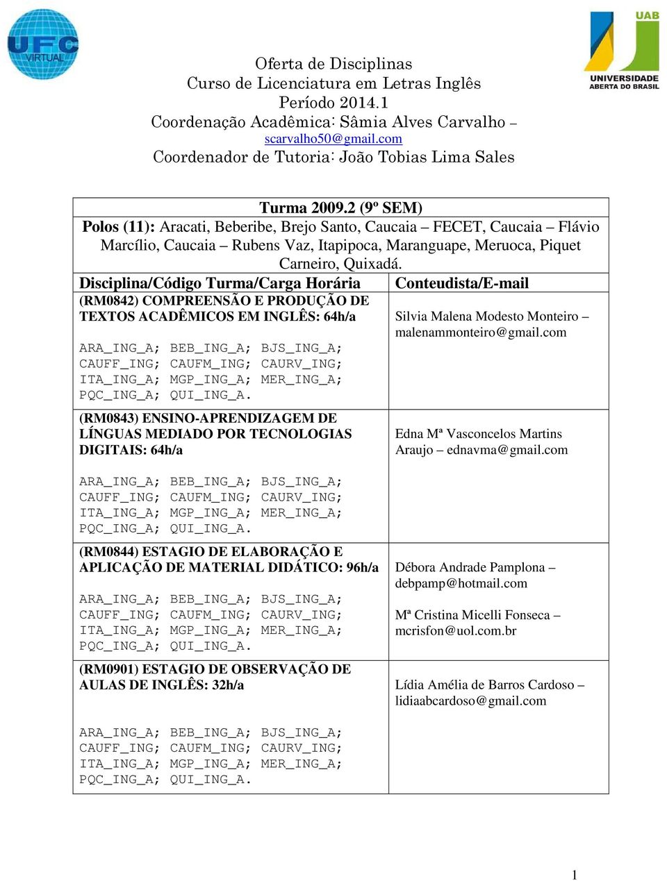 (RM0842) COMPREENSÃO E PRODUÇÃO DE TEXTOS ACADÊMICOS EM INGLÊS: 64h/a (RM0843) ENSINO-APRENDIZAGEM DE LÍNGUAS MEDIADO POR TECNOLOGIAS DIGITAIS: 64h/a Silvia Malena Modesto Monteiro