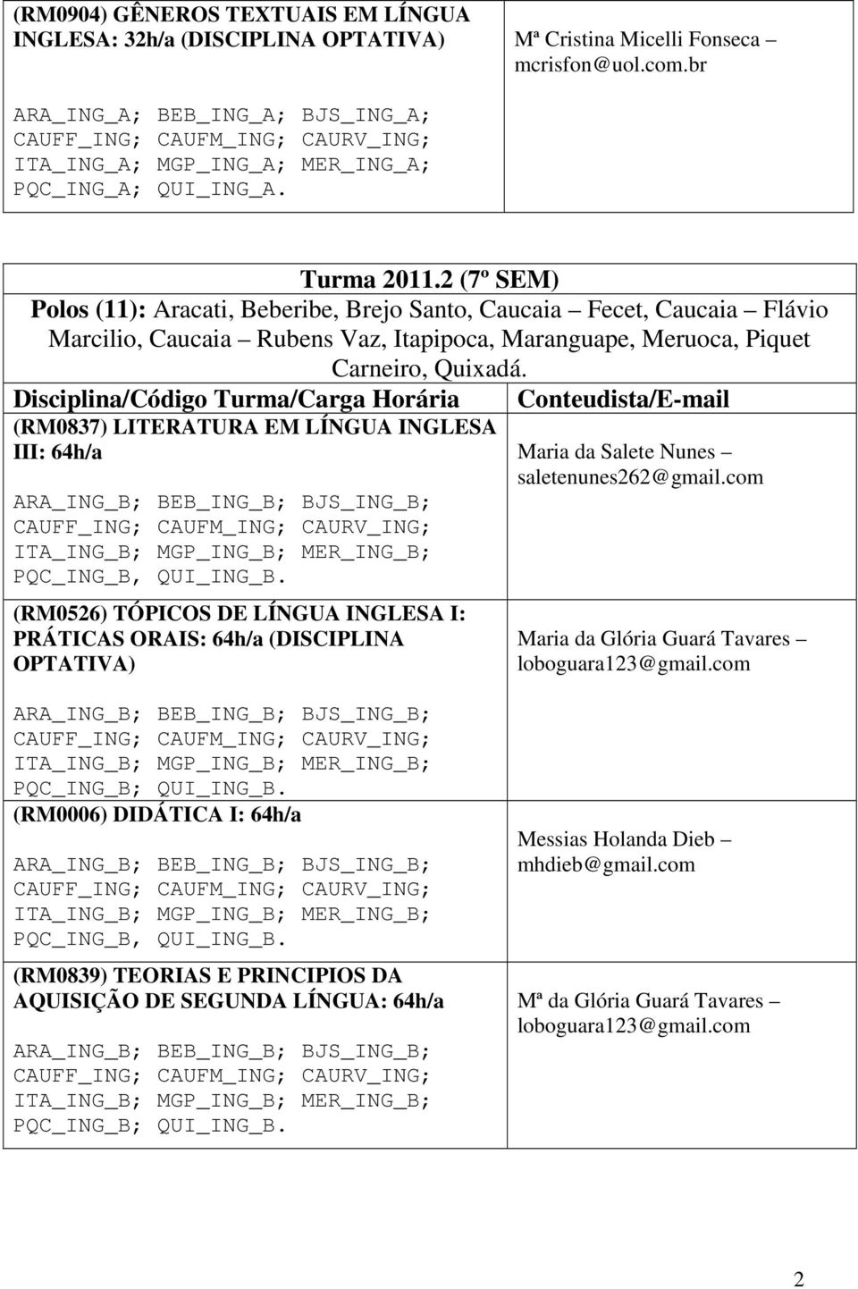 (RM0837) LITERATURA EM LÍNGUA INGLESA III: 64h/a PQC_ING_B, QUI_ING_B.