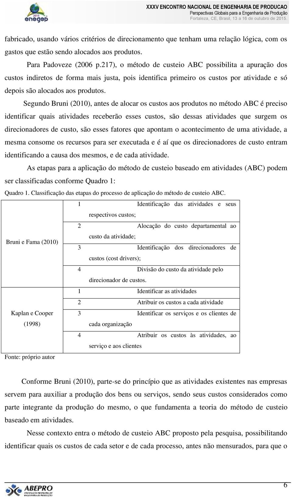 Segundo Bruni (2010), antes de alocar os custos aos produtos no método ABC é preciso identificar quais atividades receberão esses custos, são dessas atividades que surgem os direcionadores de custo,