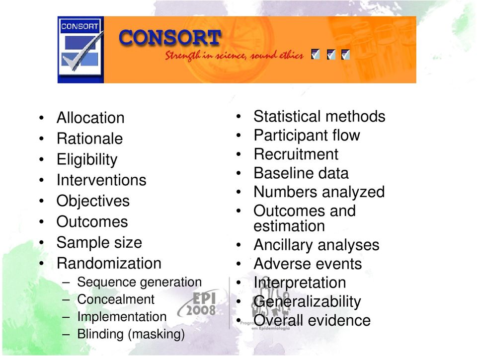 Statistical methods Participant flow Recruitment Baseline data Numbers analyzed