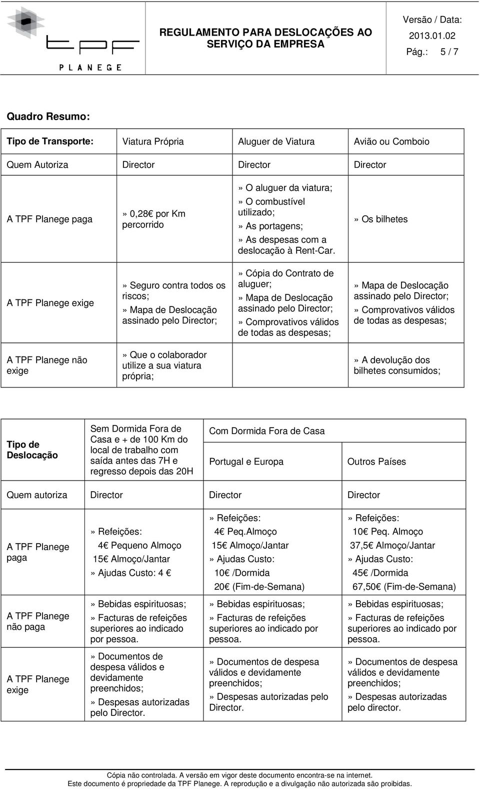 A TPF Planege exige» Seguro contra todos os riscos;» Mapa de Deslocação assinado pelo Director;» Cópia do Contrato de aluguer;» Mapa de Deslocação assinado pelo Director;» Comprovativos válidos de