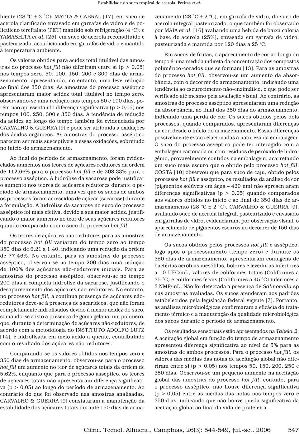 Os valores obtidos para acidez total titulável das amostras do processo hot fill não diferiram entre si (p > 0,05) nos tempos zero, 50, 100, 150, 200 e 300 dias de armazenamento, apresentando, no