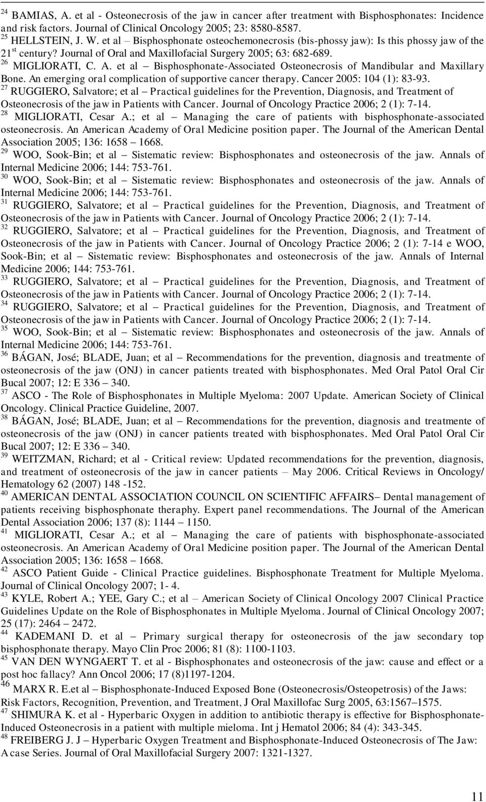 et al Bisphosphonate-Associated Osteonecrosis of Mandibular and Maxillary Bone. An emerging oral complication of supportive cancer therapy. Cancer 2005: 104 (1): 83-93.