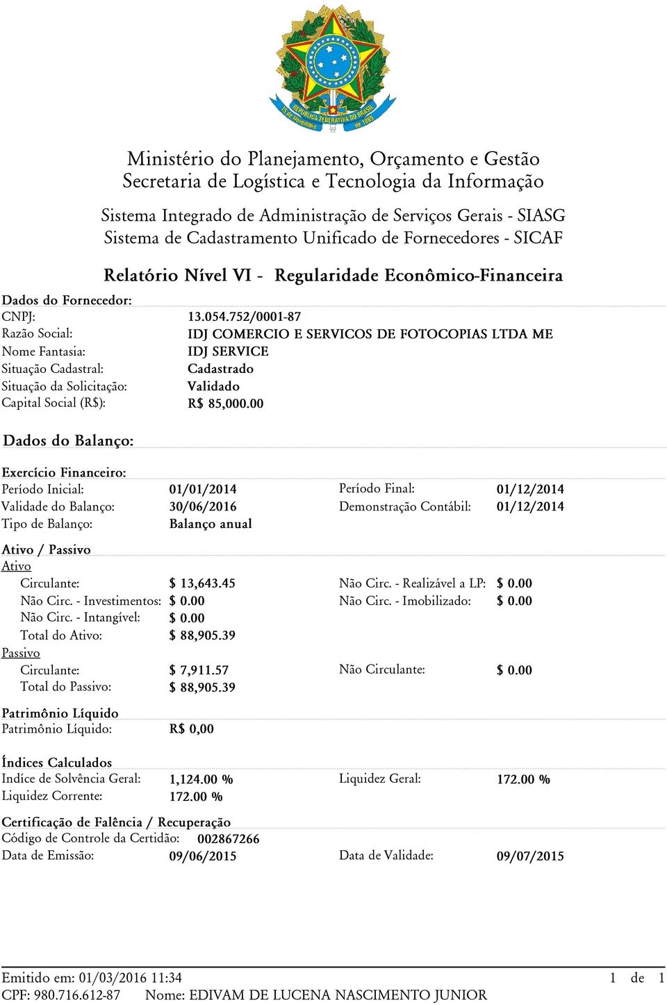 00 Exercício Financeiro: Período Inicial: Validade do Balanço: 01/01/2014 30/06/2016 Tipo de Balanço: Balanço anual Ativo / Passivo Ativo Circulante: $ 13,643.45 Não Circ. - Investimentos: $ 0.