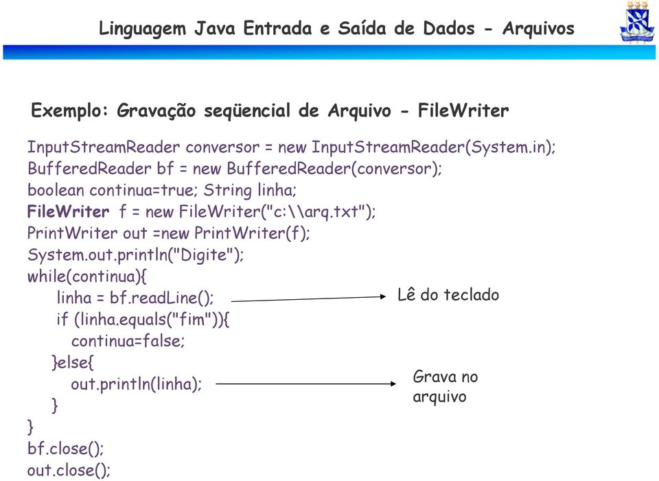 FileWriter("c:\\arq.txt"); PrintWriter out =new PrintWriter(f); System.out.println("Digite"); while(continua){ linha = bf.