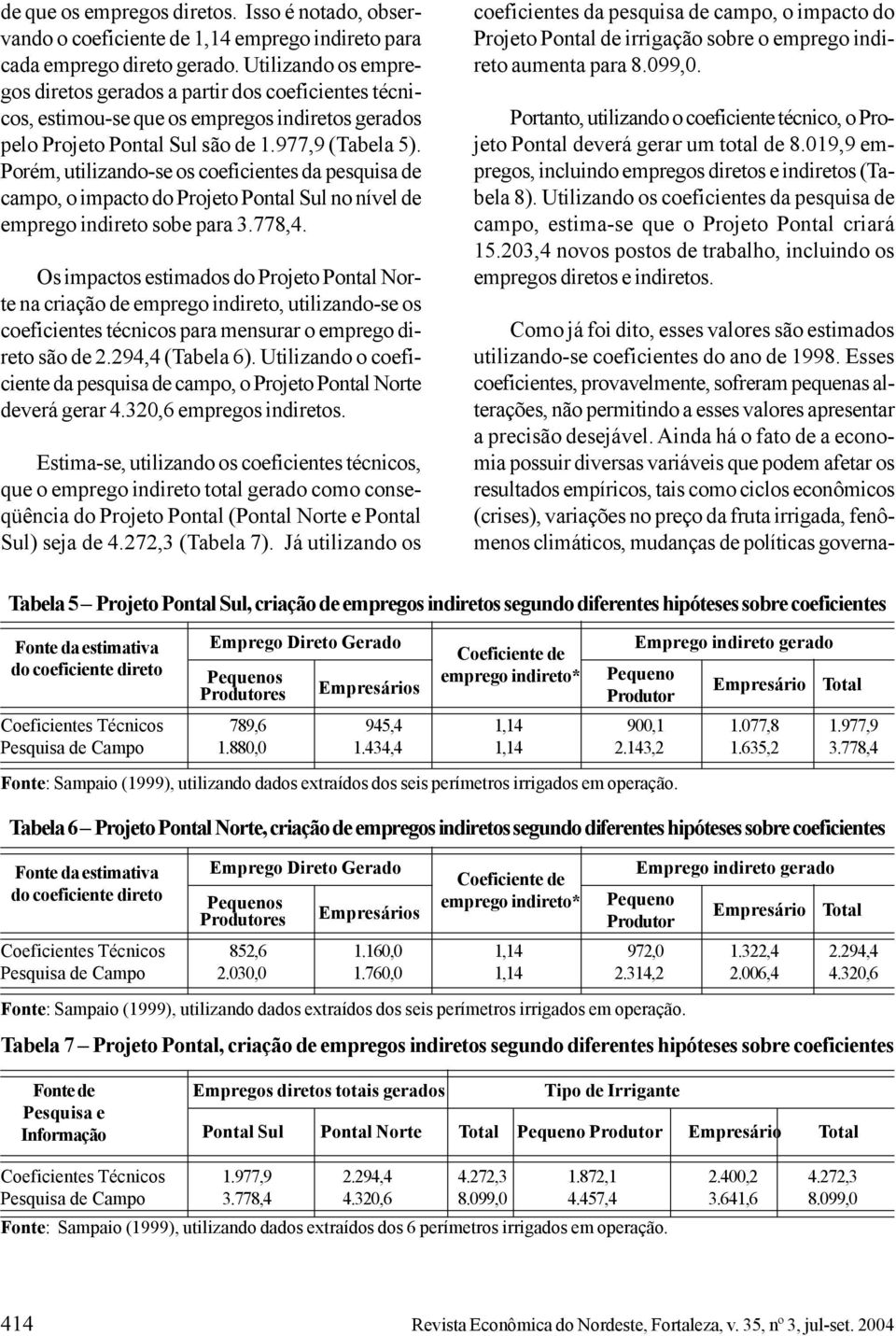 Porém, utilizando-se os coeficientes da pesquisa de campo, o impacto do Projeto Pontal Sul no nível de emprego indireto sobe para 3.778,4.