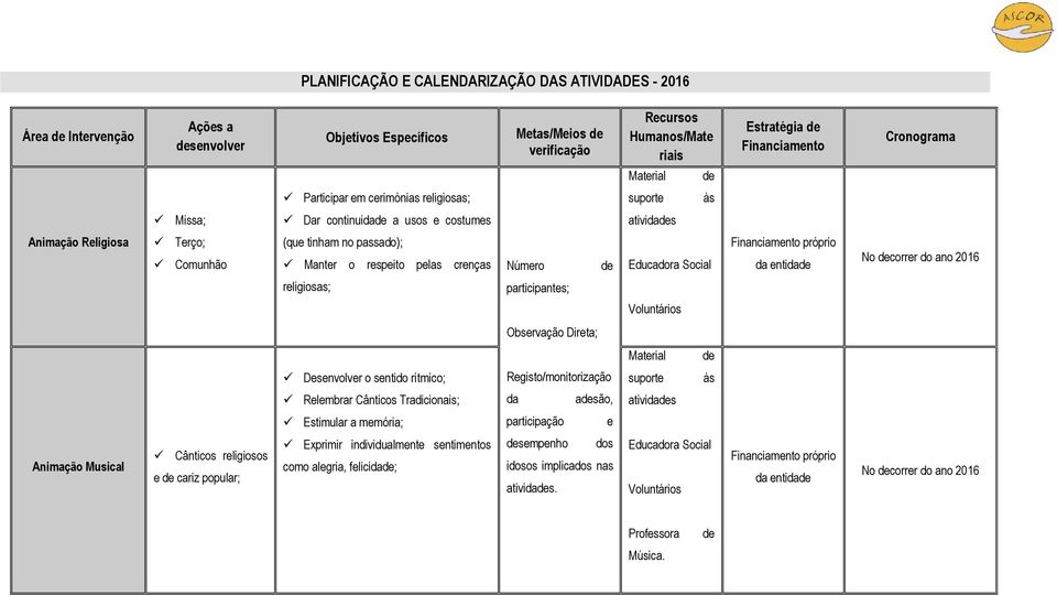 2016 religiosas; Material Desenvolver o sentido rítmico; suporte às Relembrar Cânticos Tradicionais; asão, ativis Estimular a memória; participação e Animação