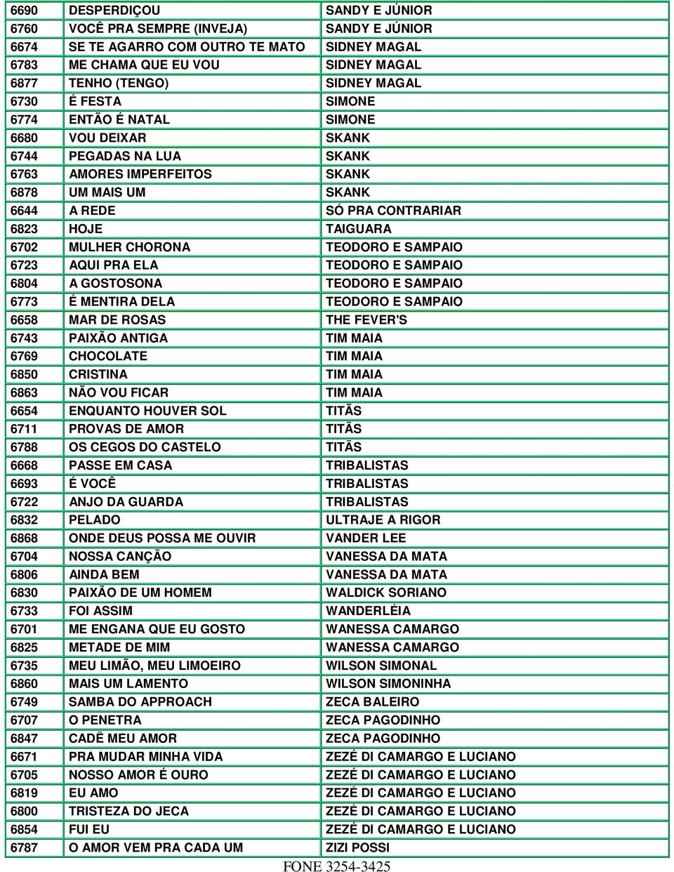 MULHER CHORONA TEODORO E SAMPAIO 6723 AQUI PRA ELA TEODORO E SAMPAIO 6804 A GOSTOSONA TEODORO E SAMPAIO 6773 É MENTIRA DELA TEODORO E SAMPAIO 6658 MAR DE ROSAS THE FEVER'S 6743 PAIXÃO ANTIGA TIM MAIA