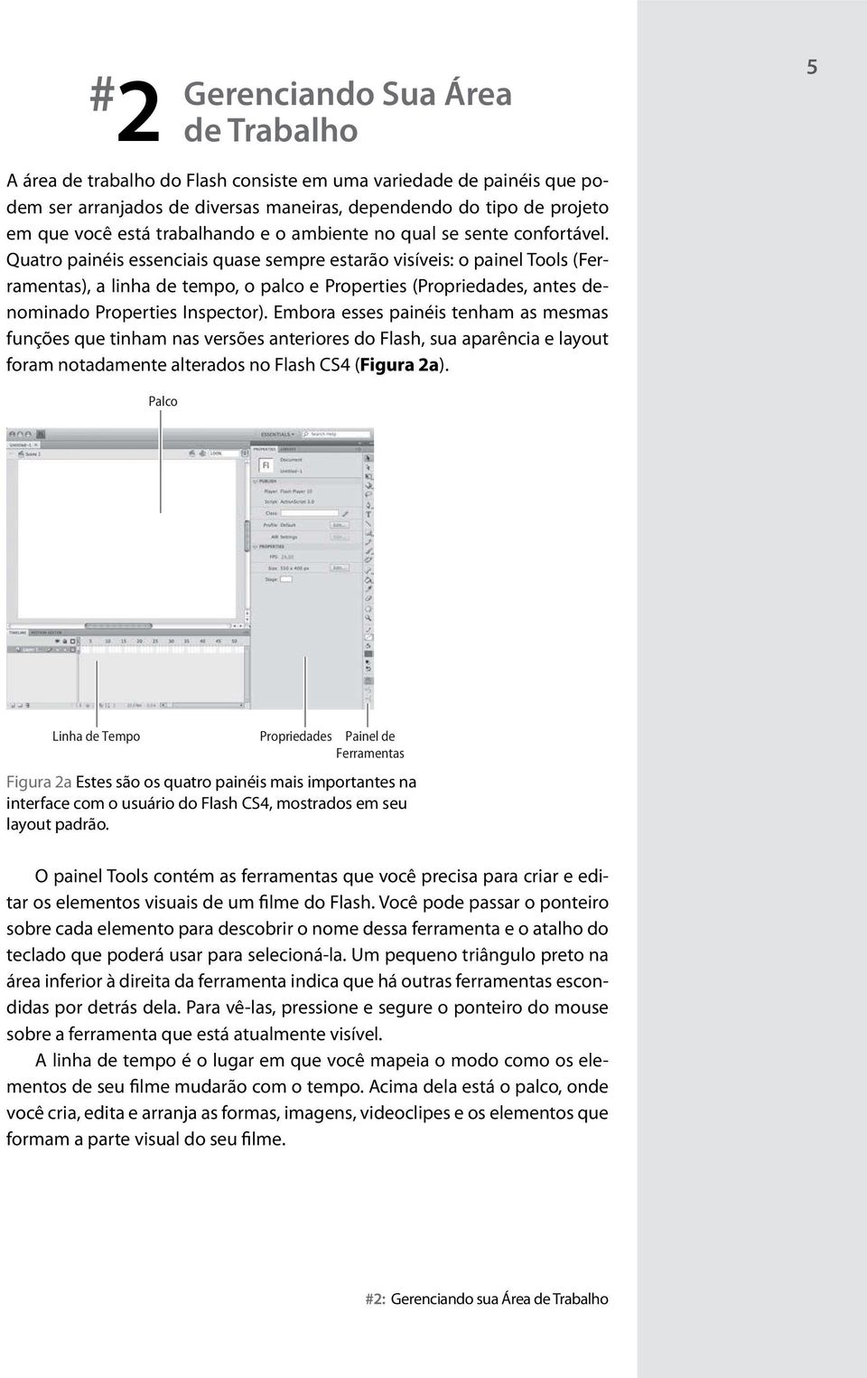 Quatro painéis essenciais quase sempre estarão visíveis: o painel Tools (Ferramentas), a linha de tempo, o palco e Properties (Propriedades, antes denominado Properties Inspector).