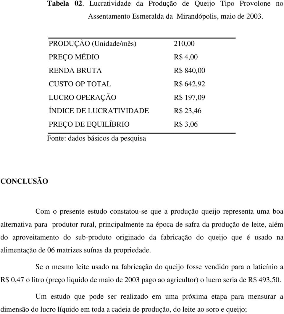 básicos da pesquisa CONCLUSÃO Com o presente estudo constatou-se que a produção queijo representa uma boa alternativa para produtor rural, principalmente na época de safra da produção de leite, além