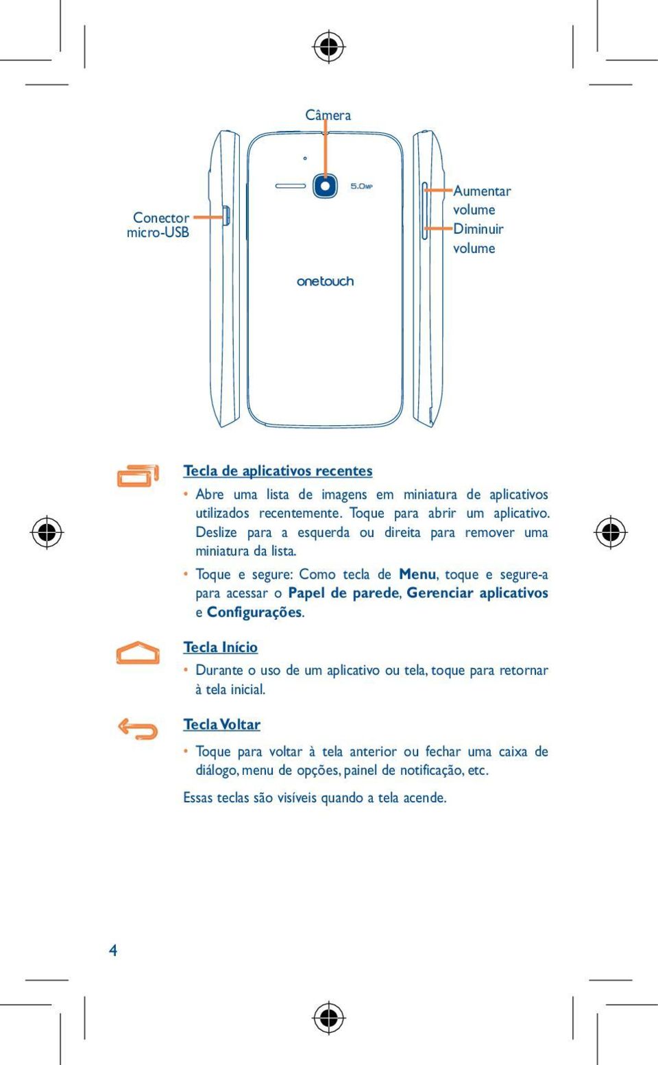 Toque e segure: Como tecla de Menu, toque e segure-a para acessar o Papel de parede, Gerenciar aplicativos e Configurações.