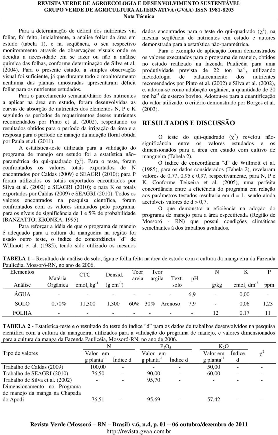 Para o presente estudo, a simples observação visual foi suficiente, já que durante todo o monitoramento nenhuma das plantas amostradas apresentaram déficit foliar para os nutrientes estudados.