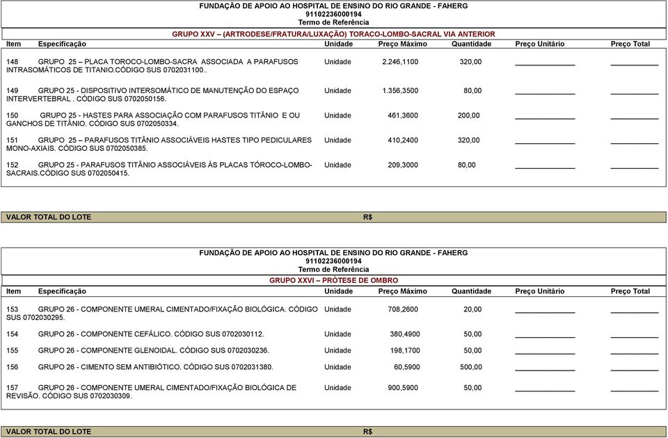 150 GRUPO 25 - HASTES PARA ASSOCIAÇÃO COM PARAFUSOS TITÂNIO E OU Unidade 461,3600 200,00 GANCHOS DE TITÂNIO. CÓDIGO SUS 0702050334.