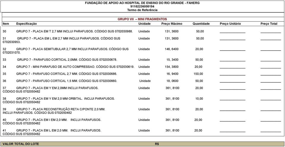 CÓDIGO SUS 0702030678. Unidade 15, 3400 50,00 34 GRUPO 7 - MINI PARAFUSO DE AUTO COMPRESSAO. CÓDIGO SUS 0702030619. Unidade 154, 3800 20,00 35 GRUPO 7 - PARAFUSO CORTICAL 2,7 MM.