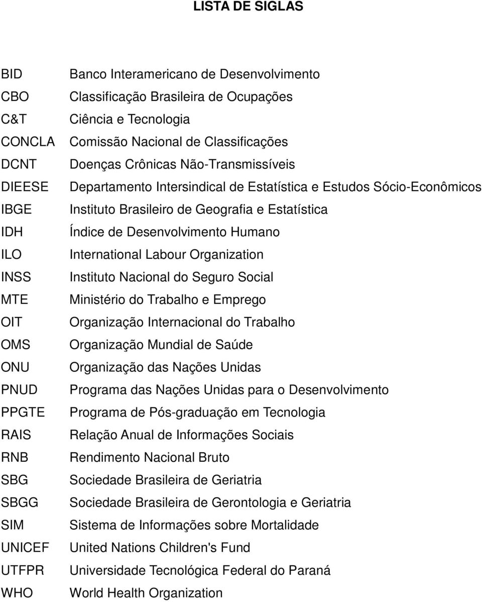 Índice de Desenvolvimento Humno Interntionl Lbour Orgniztion Instituto Ncionl do Seguro Socil Ministério do Trblho e Emprego Orgnizção Interncionl do Trblho Orgnizção Mundil de Súde Orgnizção ds