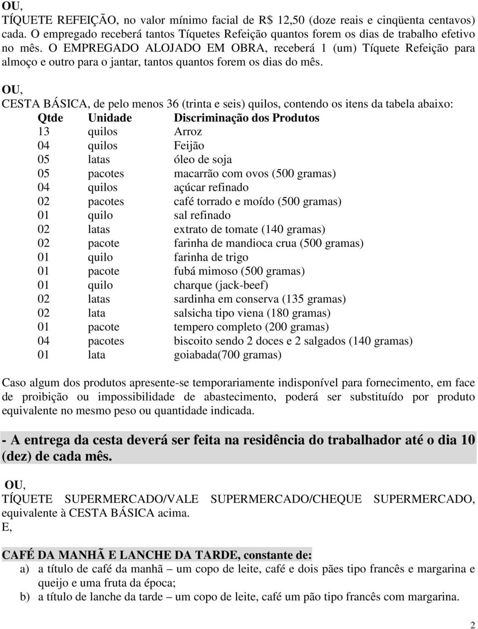 OU, CESTA BÁSICA, de pelo menos 36 (trinta e seis) quilos, contendo os itens da tabela abaixo: Qtde Unidade Discriminação dos Produtos 13 quilos Arroz 04 quilos Feijão 05 latas óleo de soja 05