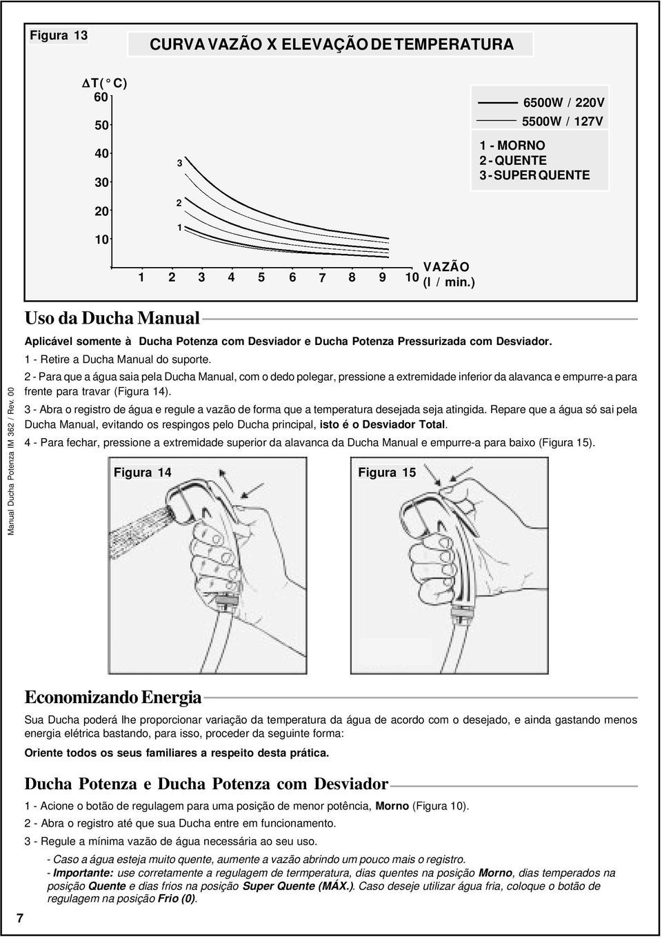 1 - Retire a Ducha Manual do suporte. - Para que a água saia pela Ducha Manual, com o dedo polegar, pressione a extremidade inferior da alavanca e empurre-a para frente para travar (Figura 14).