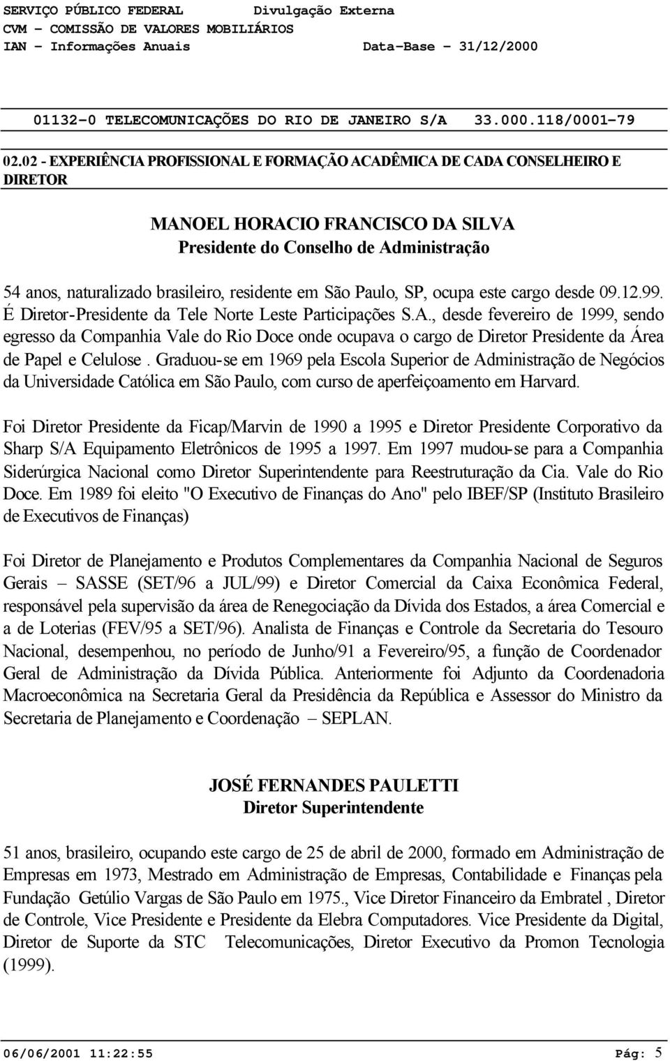 , desde fevereiro de 1999, sendo egresso da Companhia Vale do Rio Doce onde ocupava o cargo de Diretor Presidente da Área de Papel e Celulose.