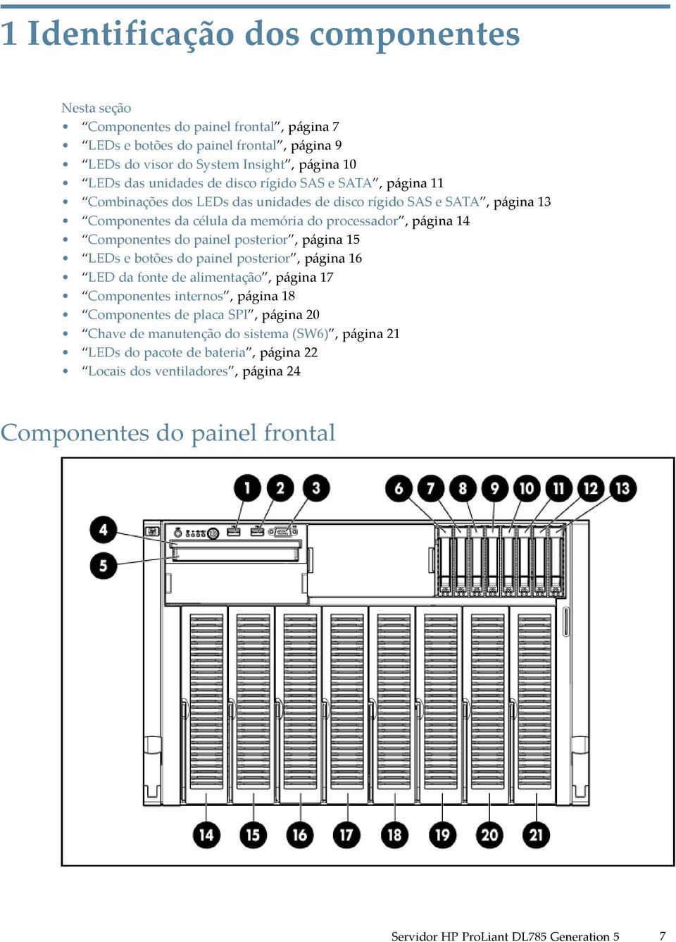 Componentes do painel posterior, página 15 LEDs e botões do painel posterior, página 16 LED da fonte de alimentação, página 17 Componentes internos, página 18 Componentes de placa SPI,