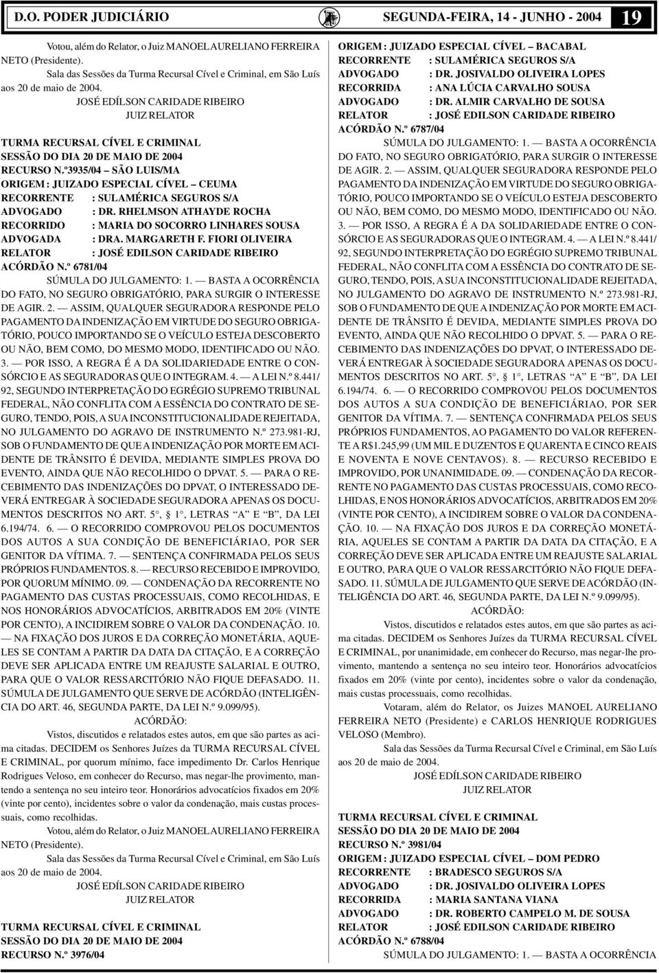 JOSÉ EDÍLSON CARIDADE RIBEIRO JUIZ RELATOR TURMA RECURSAL CÍVEL E CRIMINAL SESSÃO DO DIA 20 DE MAIO DE 2004 RECURSO N.