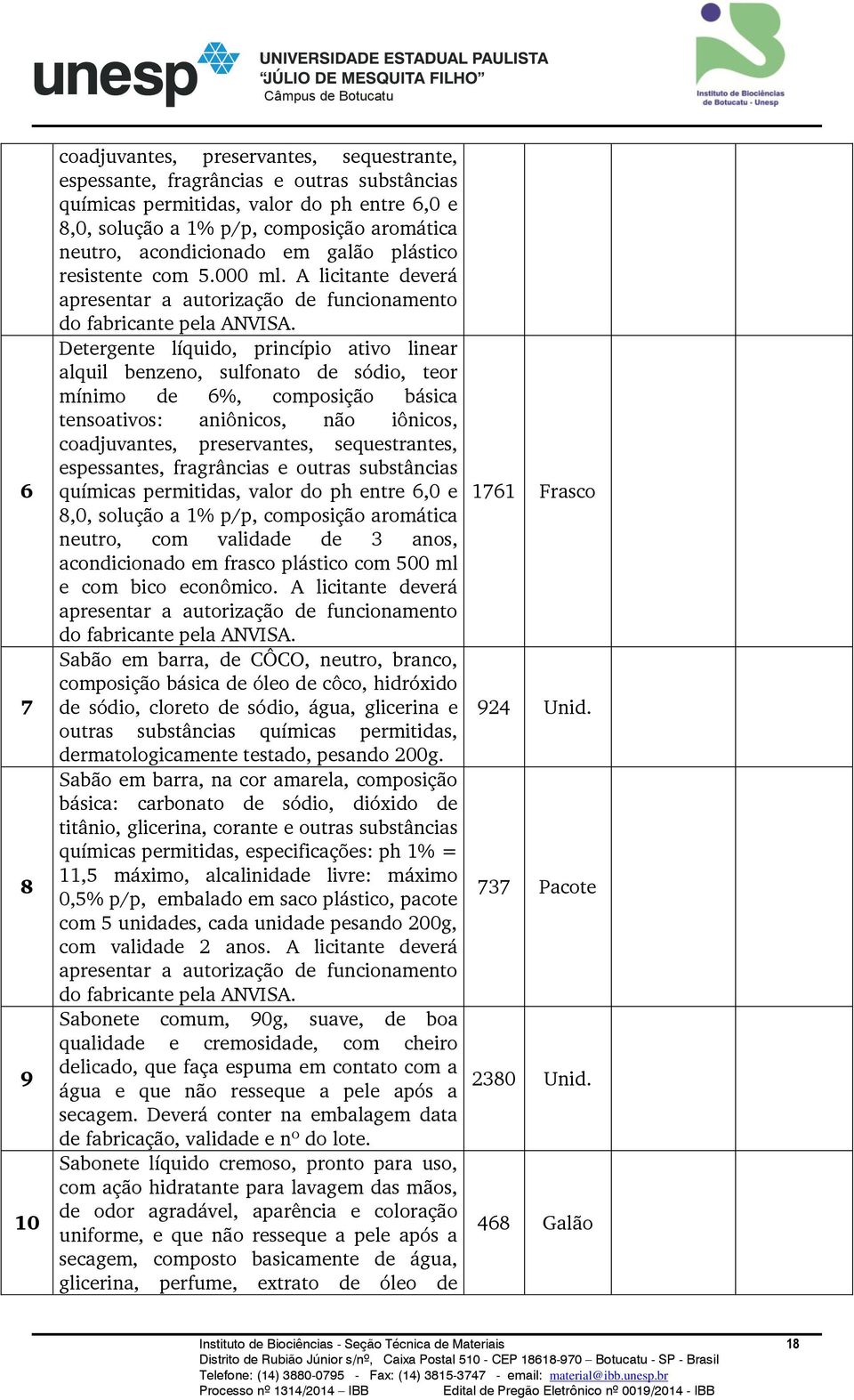 Detergente líquido, princípio ativo linear alquil benzeno, sulfonato de sódio, teor mínimo de 6%, composição básica tensoativos: aniônicos, não iônicos, coadjuvantes, preservantes, sequestrantes,