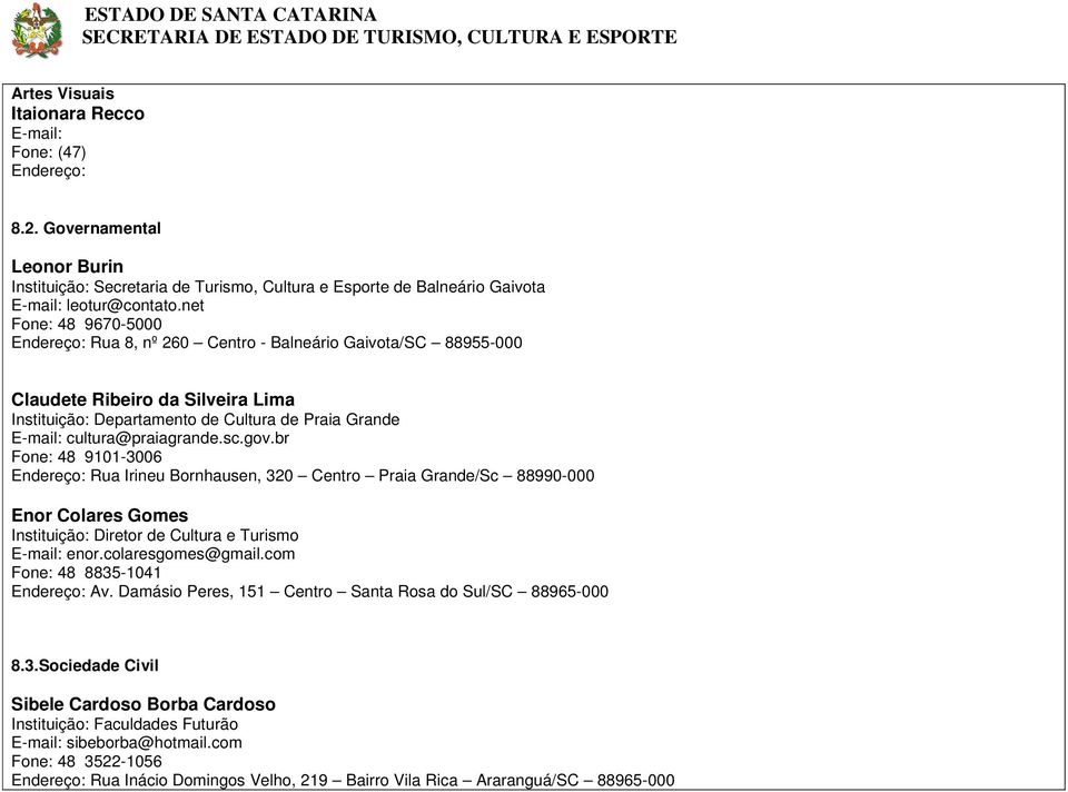 br Fone: 48 9101-3006 Rua Irineu Bornhausen, 320 Centro Praia Grande/Sc 88990-000 Enor Colares Gomes Instituição: Diretor de Cultura e Turismo enor.colaresgomes@gmail.com Fone: 48 8835-1041 Av.