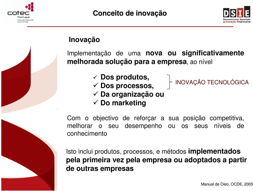 sua posição competitiva, melhorar o seu desempenho ou os seus níveis de conhecimento Isto inclui produtos, processos,