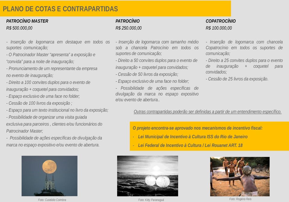 da empresa no evento de inauguração; - Direito a 100 convites duplos para o evento de inauguração + coquetel para convidados; - Espaço exclusivo de uma face no folder; - Cessão de 100 livros da