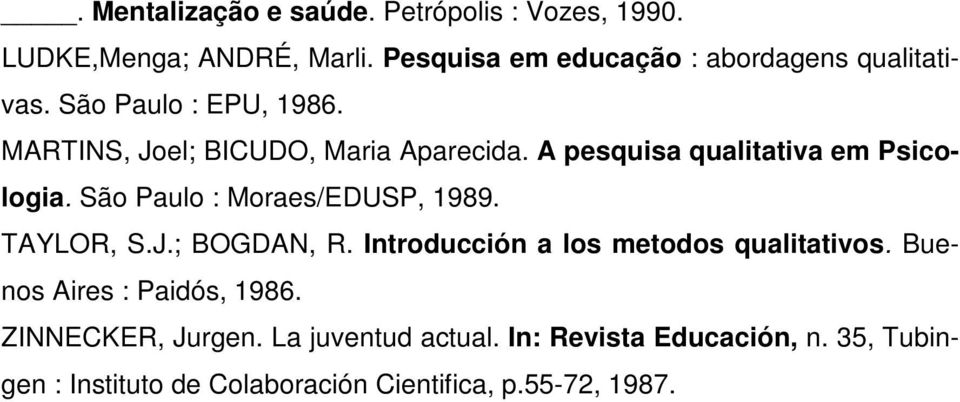 A pesquisa qualitativa em Psicologia. São Paulo : Moraes/EDUSP, 1989. TAYLOR, S.J.; BOGDAN, R.