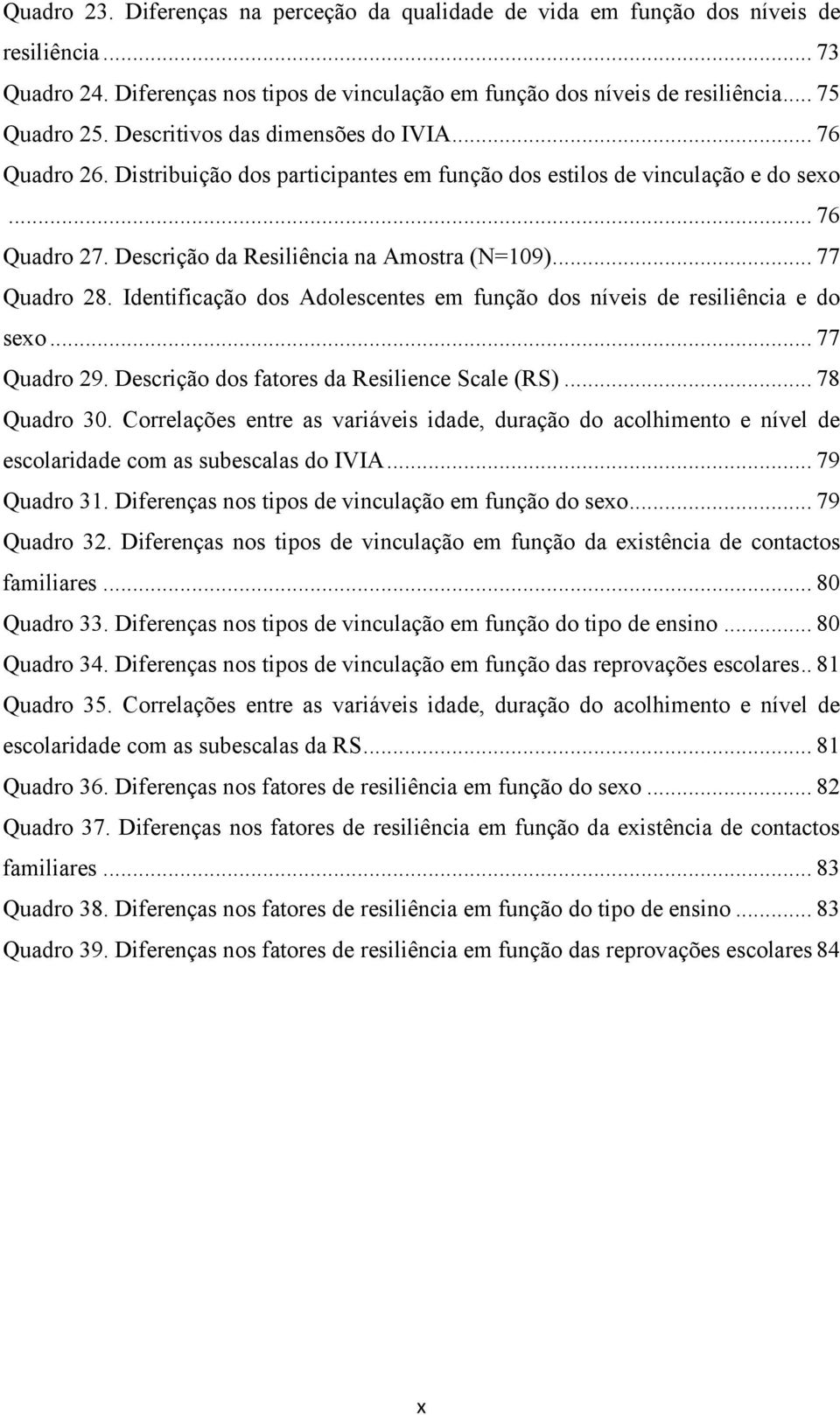 .. 77 Quadro 28. Identificação dos Adolescentes em função dos níveis de resiliência e do sexo... 77 Quadro 29. Descrição dos fatores da Resilience Scale (RS)... 78 Quadro 30.