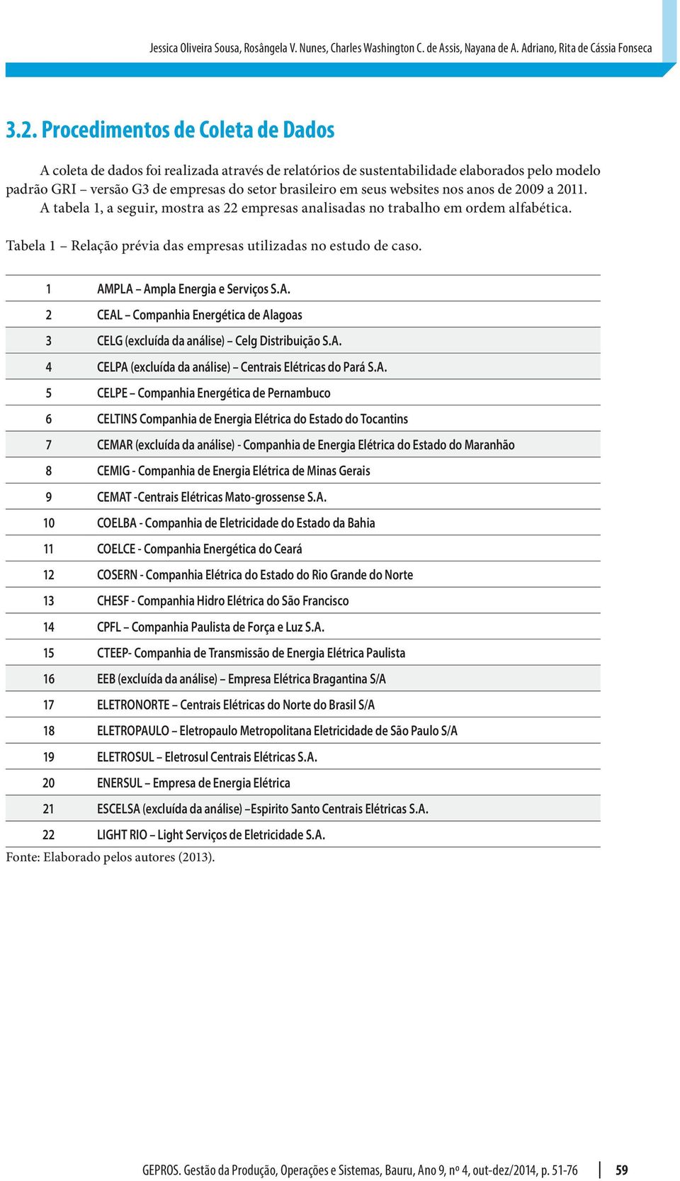 nos anos de 2009 a 2011. A tabela 1, a seguir, mostra as 22 empresas analisadas no trabalho em ordem alfabética. Tabela 1 Relação prévia das empresas utilizadas no estudo de caso.