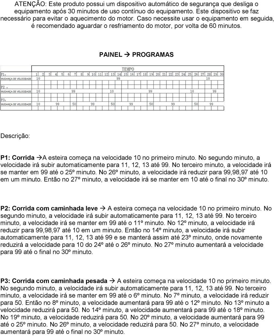 PAINEL PROGRAMAS Descrição: P1: Corrida A esteira começa na velocidade 10 no primeiro minuto. No segundo minuto, a velocidade irá subir automaticamente para 11, 12, 13 até 99.