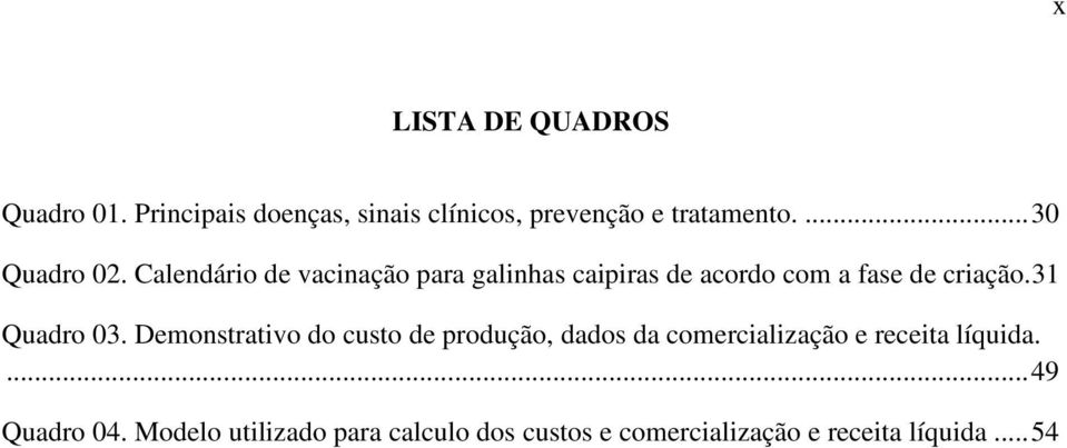 Calendário de vacinação para galinhas caipiras de acordo com a fase de criação.31 Quadro 03.