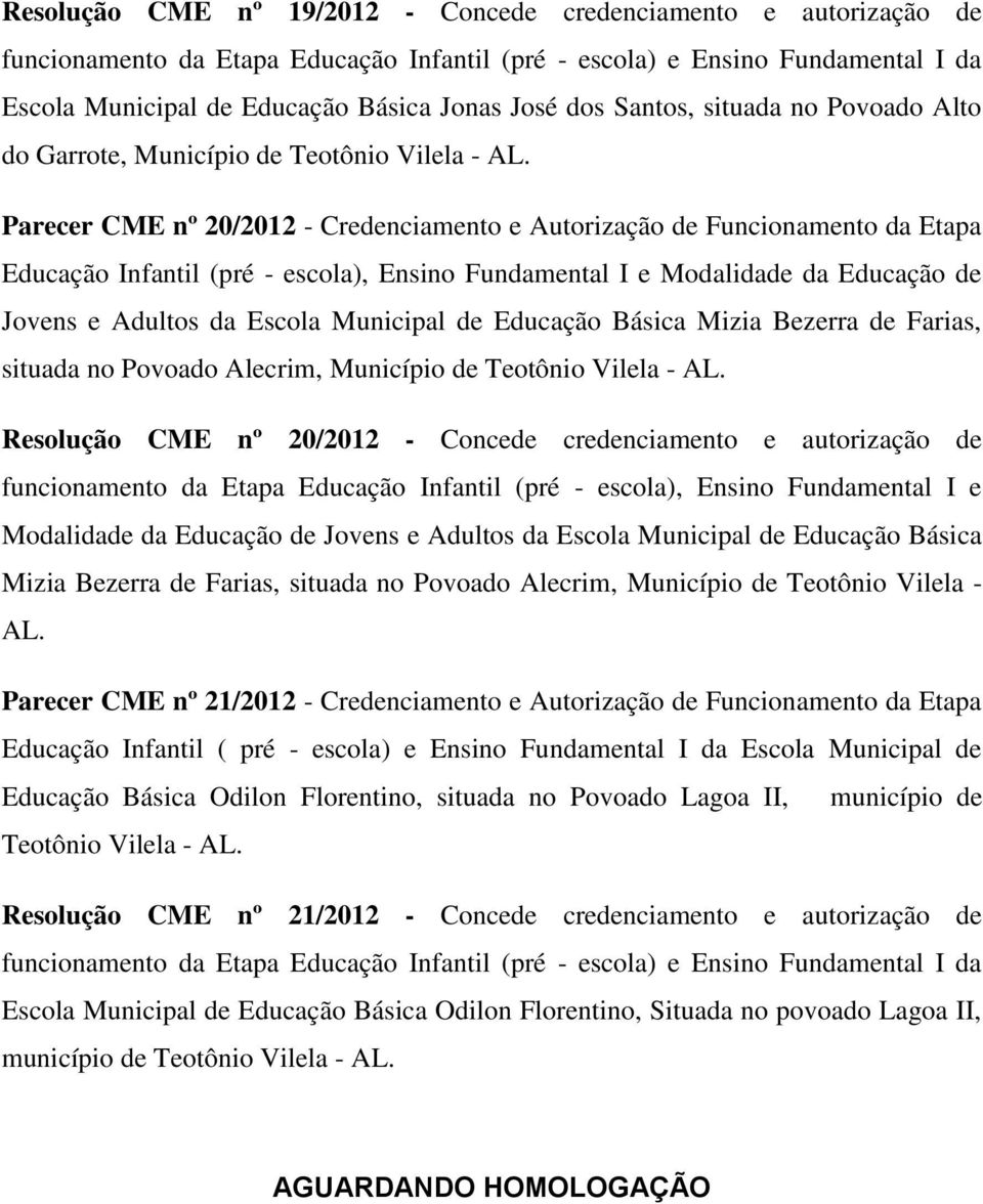 Modalidade da Educação de Jovens e Adultos da Escola Municipal de Educação Básica Mizia Bezerra de Farias, situada no Povoado Alecrim, Município de Resolução CME nº 20/2012 - Concede credenciamento e