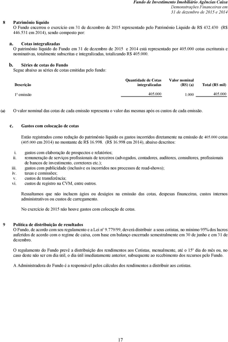 Séries de cotas do Fundo Segue abaixo as séries de cotas emitidas pelo fundo: Descrição Quantidade de Cotas integralizadas Valor nominal (R$) (a) Total (R$ mil) 1ª emissão 405.000 1.000 405.