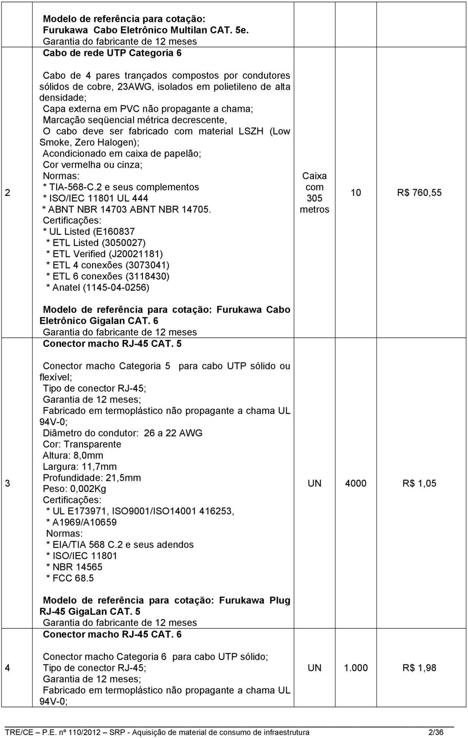 Marcação seqüencial métrica decrescente, O cabo deve ser fabricado com material LSZH (Low Smoke, Zero Halogen); Acondicionado em caixa de papelão; Cor vermelha ou cinza; Normas: * TIA-568-C.