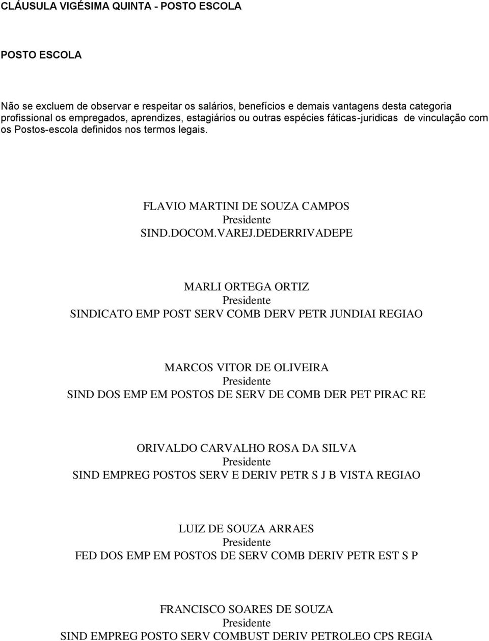 DEDERRIVADEPE MARLI ORTEGA ORTIZ SINDICATO EMP POST SERV COMB DERV PETR JUNDIAI REGIAO MARCOS VITOR DE OLIVEIRA SIND DOS EMP EM POSTOS DE SERV DE COMB DER PET PIRAC RE ORIVALDO CARVALHO ROSA