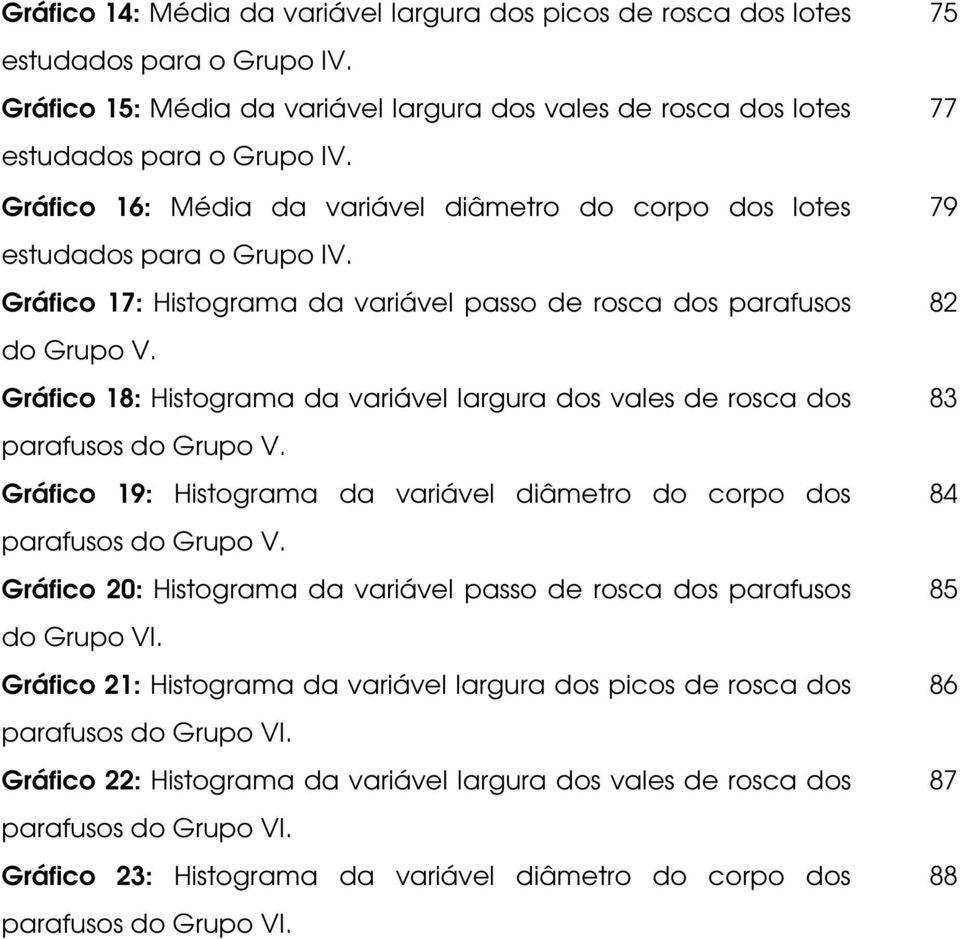 Gráfico 18: Histograma da variável largura dos vales de rosca dos parafusos do Grupo V. Gráfico 19: Histograma da variável diâmetro do corpo dos parafusos do Grupo V.