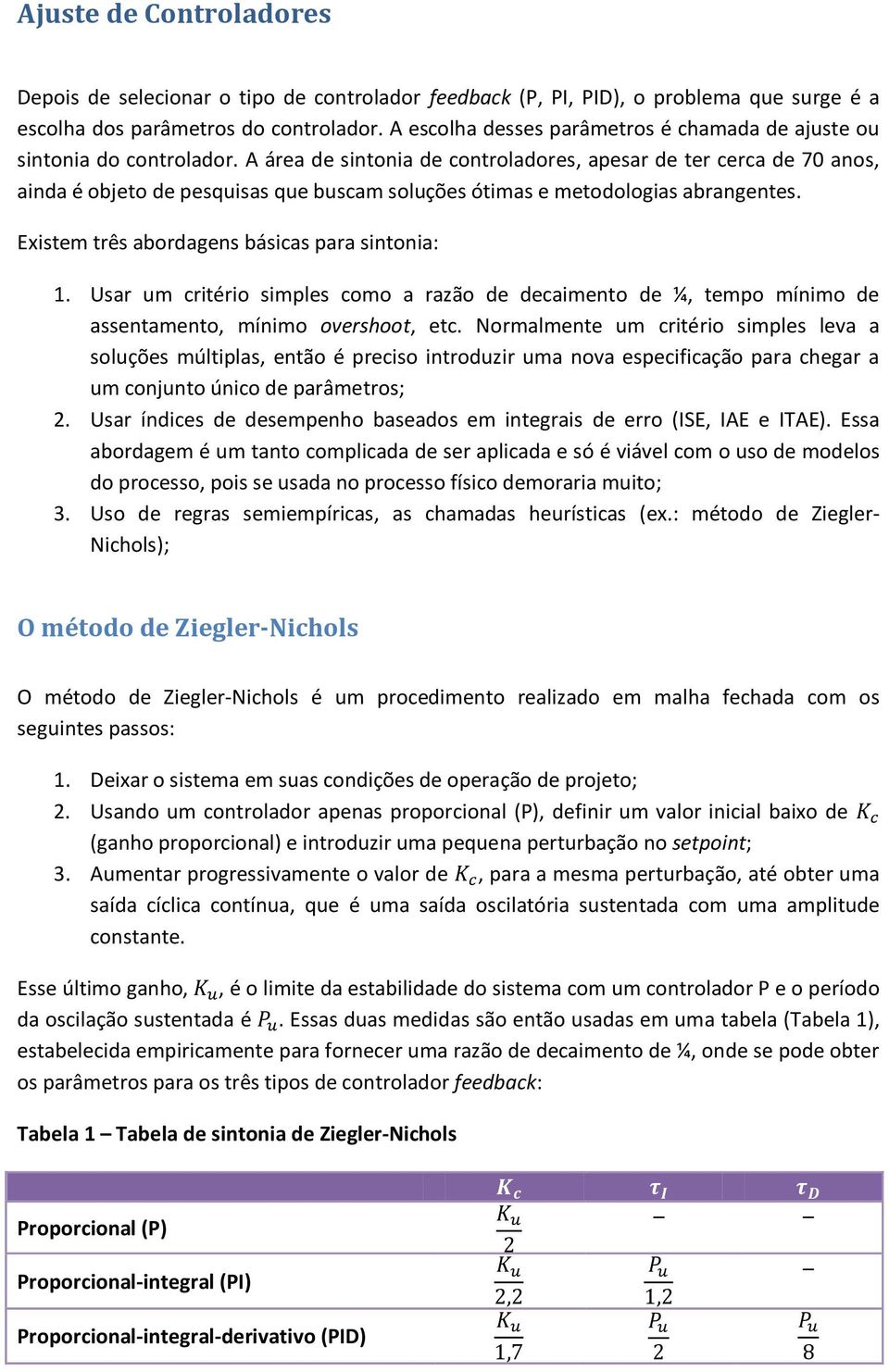 A área de sintonia de controladores, apesar de ter cerca de 70 anos, ainda é objeto de pesquisas que buscam soluções ótimas e metodologias abrangentes. Existem três abordagens básicas para sintonia:.